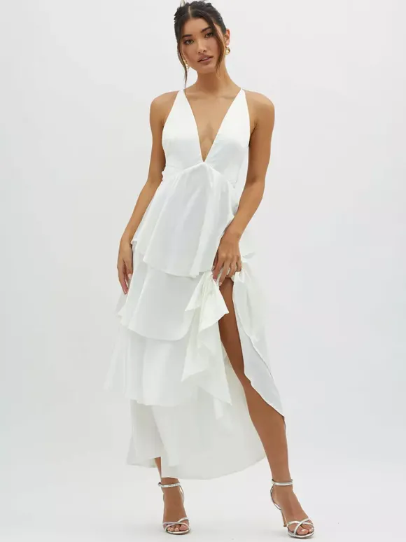 Deep V Neck Tiered Maxi Dress For Women - Satin Crisscross Backless Layered Ruffle Gown - Summer Formal Party 2026