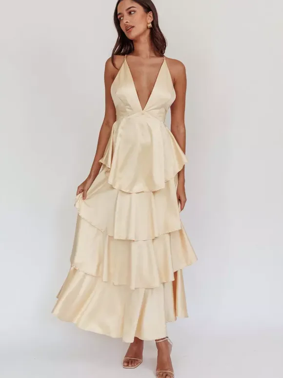 Deep V Neck Tiered Maxi Dress For Women - Satin Crisscross Backless Layered Ruffle Gown - Summer Formal Party 2026