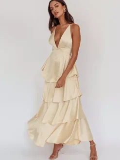 Deep V Neck Tiered Maxi Dress For Women - Satin Crisscross Backless Layered Ruffle Gown - Summer Formal Party 2026