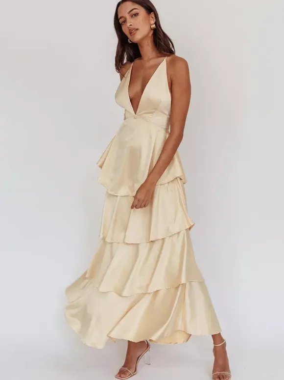 Deep V Neck Tiered Maxi Dress For Women - Satin Crisscross Backless Layered Ruffle Gown - Summer Formal Party 2026