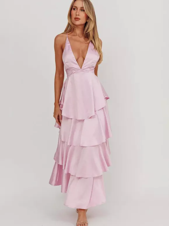Deep V Neck Tiered Maxi Dress For Women - Satin Crisscross Backless Layered Ruffle Gown - Summer Formal Party 2026