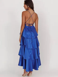 Deep V Neck Tiered Maxi Dress For Women - Satin Crisscross Backless Layered Ruffle Gown - Summer Formal Party 2026