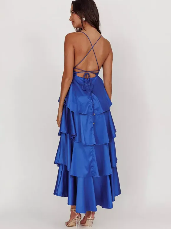 Deep V Neck Tiered Maxi Dress For Women - Satin Crisscross Backless Layered Ruffle Gown - Summer Formal Party 2026