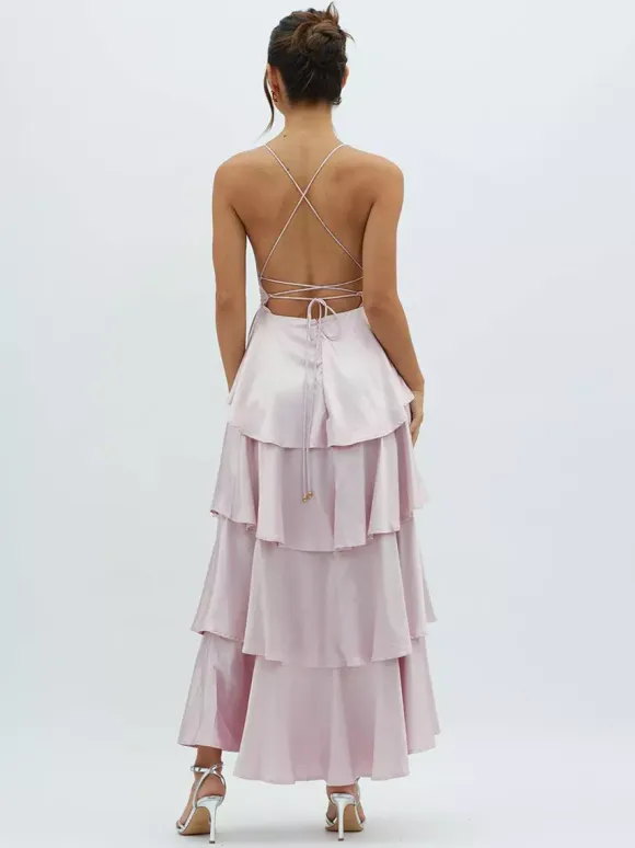 Deep V Neck Tiered Maxi Dress For Women - Satin Crisscross Backless Layered Ruffle Gown - Summer Formal Party 2026