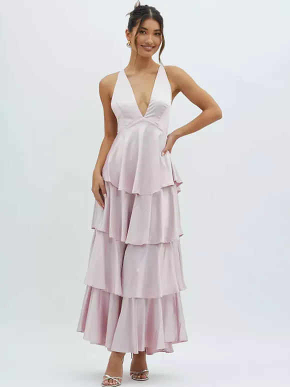 Deep V Neck Tiered Maxi Dress For Women - Satin Crisscross Backless Layered Ruffle Gown - Summer Formal Party 2026