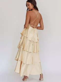 Deep V Neck Tiered Maxi Dress For Women - Satin Crisscross Backless Layered Ruffle Gown - Summer Formal Party 2026