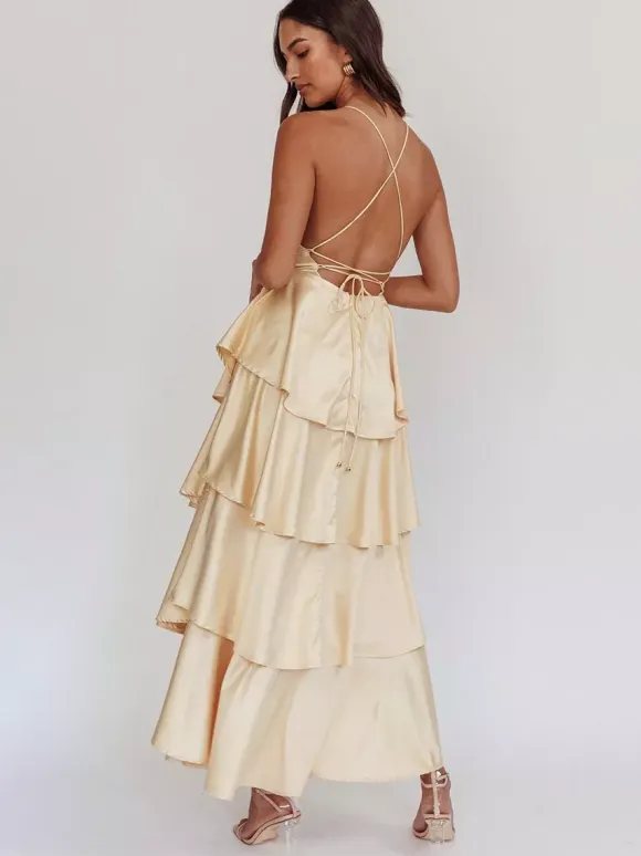 Deep V Neck Tiered Maxi Dress For Women - Satin Crisscross Backless Layered Ruffle Gown - Summer Formal Party 2026