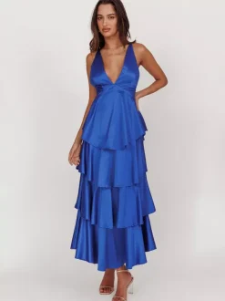 Deep V Neck Tiered Maxi Dress For Women - Satin Crisscross Backless Layered Ruffle Gown - Summer Formal Party 2026
