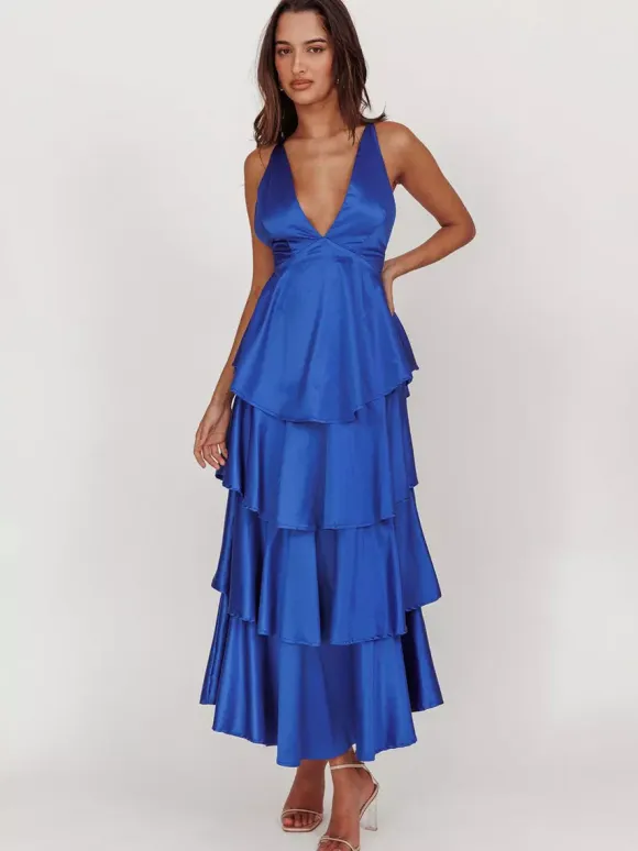 Deep V Neck Tiered Maxi Dress For Women - Satin Crisscross Backless Layered Ruffle Gown - Summer Formal Party 2026