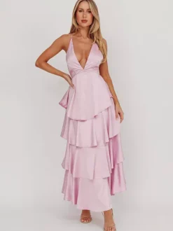 Deep V Neck Tiered Maxi Dress For Women - Satin Crisscross Backless Layered Ruffle Gown - Summer Formal Party 2026