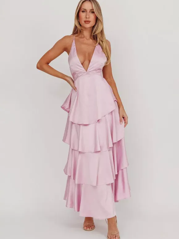 Deep V Neck Tiered Maxi Dress For Women - Satin Crisscross Backless Layered Ruffle Gown - Summer Formal Party 2026