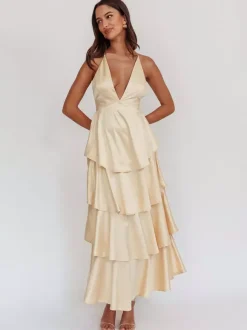 Deep V Neck Tiered Maxi Dress For Women - Satin Crisscross Backless Layered Ruffle Gown - Summer Formal Party 2026