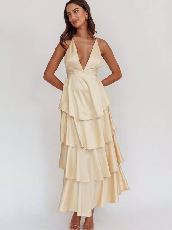 Deep V Neck Tiered Maxi Dress For Women - Satin Crisscross Backless Layered Ruffle Gown - Summer Formal Party 2026