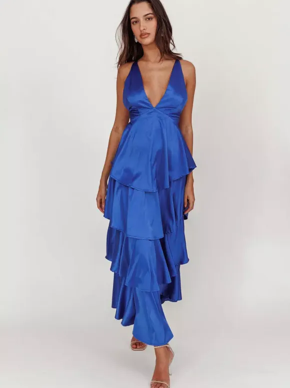 Deep V Neck Tiered Maxi Dress For Women - Satin Crisscross Backless Layered Ruffle Gown - Summer Formal Party 2026