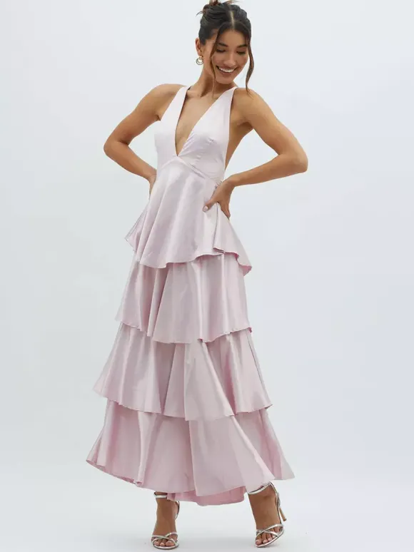 Deep V Neck Tiered Maxi Dress For Women - Satin Crisscross Backless Layered Ruffle Gown - Summer Formal Party 2026