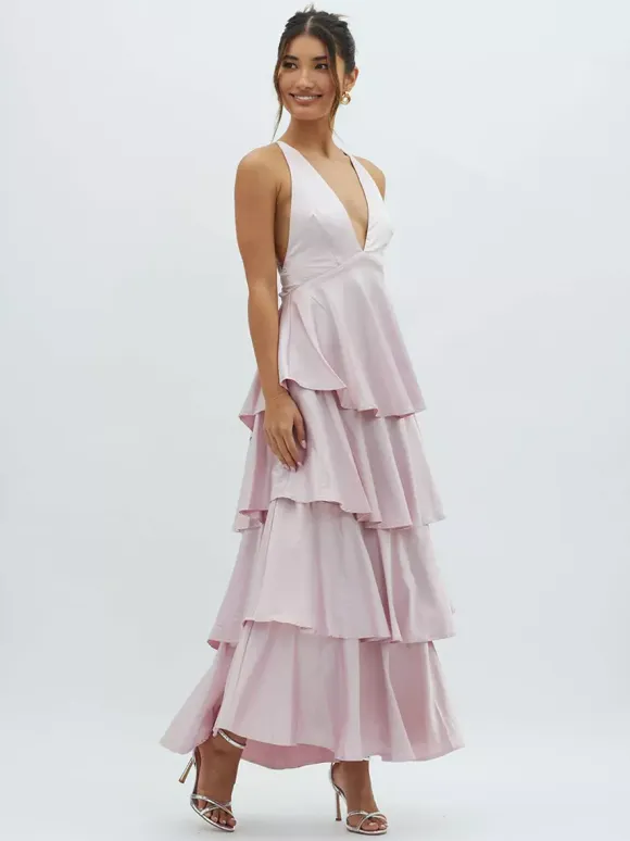 Deep V Neck Tiered Maxi Dress For Women - Satin Crisscross Backless Layered Ruffle Gown - Summer Formal Party 2026
