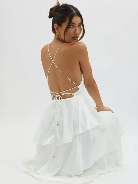 Deep V Neck Tiered Maxi Dress For Women - Satin Crisscross Backless Layered Ruffle Gown - Summer Formal Party 2026