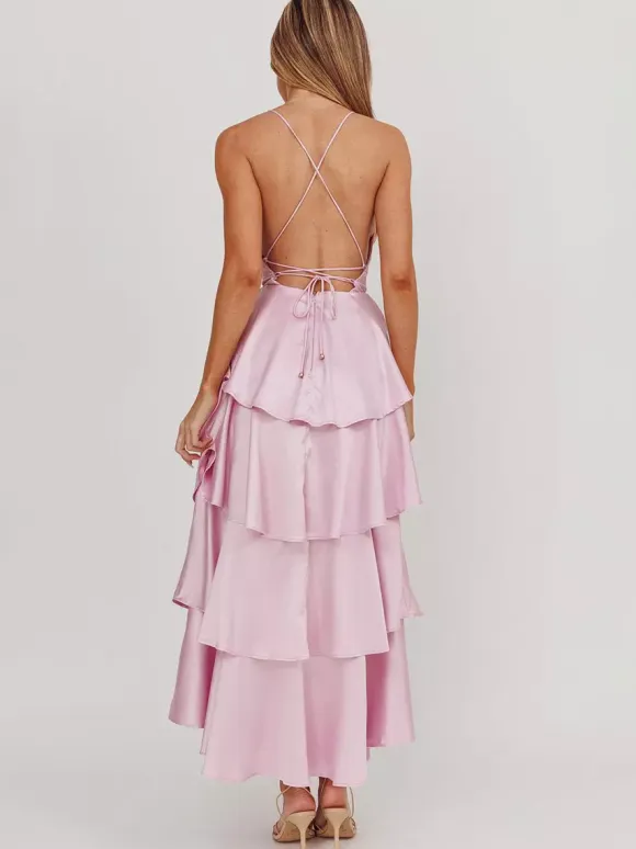 Deep V Neck Tiered Maxi Dress For Women - Satin Crisscross Backless Layered Ruffle Gown - Summer Formal Party 2026