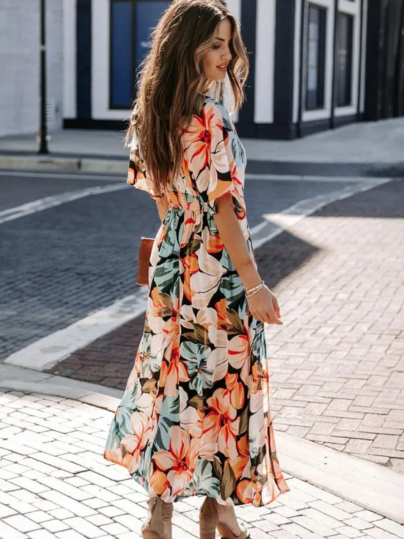 Deep V Neck Tropical Floral Maxi Dress for Women - Multi Print Split Hem Boho Dress - Summer Beach Vacation 2026
