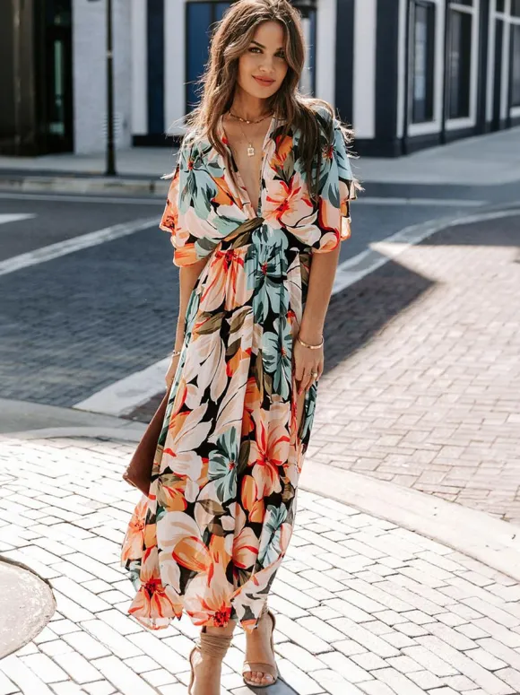 Deep V Neck Tropical Floral Maxi Dress for Women - Multi Print Split Hem Boho Dress - Summer Beach Vacation 2026
