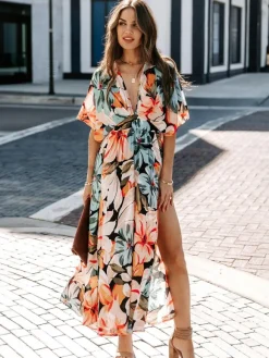 Deep V Neck Tropical Floral Maxi Dress for Women - Multi Print Split Hem Boho Dress - Summer Beach Vacation 2026