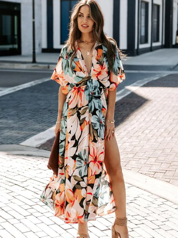 Deep V Neck Tropical Floral Maxi Dress for Women - Multi Print Split Hem Boho Dress - Summer Beach Vacation 2026
