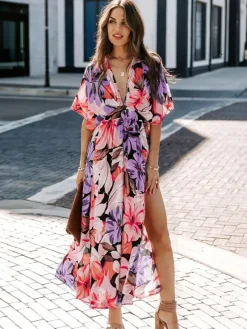 Deep V Neck Tropical Floral Maxi Dress for Women - Multi Print Split Hem Boho Dress - Summer Beach Vacation 2026
