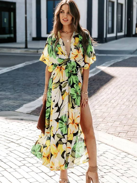 Deep V Neck Tropical Floral Maxi Dress for Women - Multi Print Split Hem Boho Dress - Summer Beach Vacation 2026