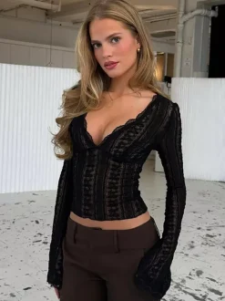 Deep V Scalloped Sheer Lace Flare Sleeve Slim Crop See Through Blouse
