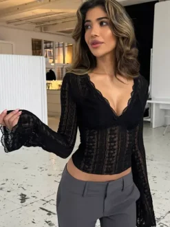 Deep V Scalloped Sheer Lace Flare Sleeve Slim Crop See Through Blouse