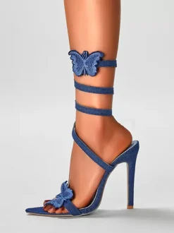 Demin Heeled Sandals Women Open Toe Butterfly Detail Strappy High Heel Sandals