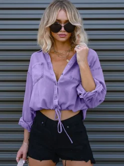 Denim Blouse Drop Shoulder Long Sleeves Buttons Lace Up Tops