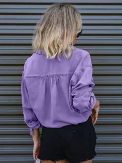 Denim Blouse Drop Shoulder Long Sleeves Buttons Lace Up Tops