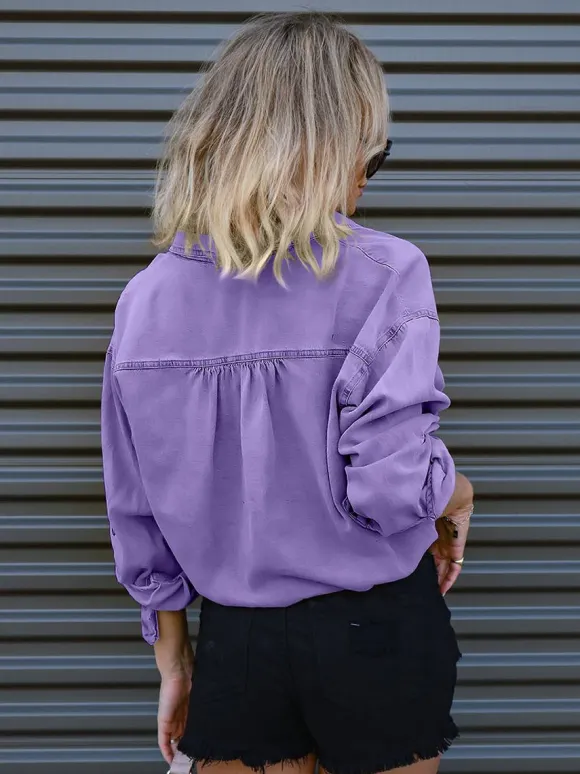 Denim Blouse Drop Shoulder Long Sleeves Buttons Lace Up Tops