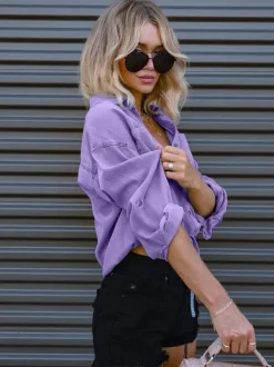 Denim Blouse Drop Shoulder Long Sleeves Buttons Lace Up Tops