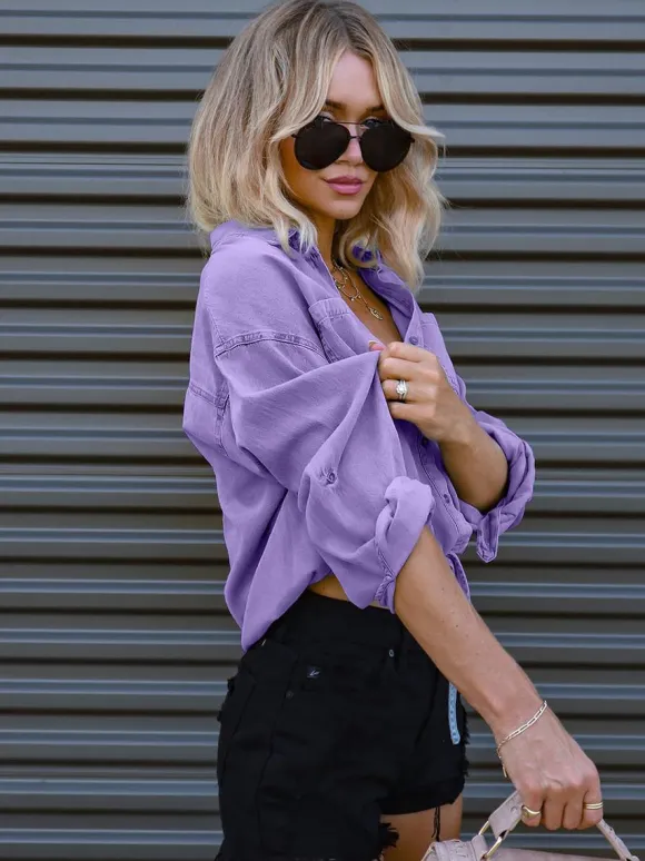 Denim Blouse Drop Shoulder Long Sleeves Buttons Lace Up Tops