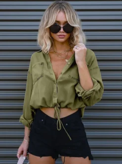 Denim Blouse Drop Shoulder Long Sleeves Buttons Lace Up Tops