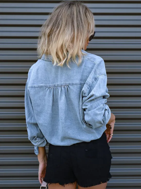 Denim Blouse Drop Shoulder Long Sleeves Buttons Lace Up Tops