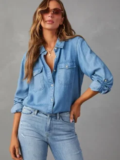 Denim Blouse For Women Turndown Collar Flap Pockets Daily Tops
