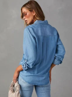 Denim Blouse For Women Turndown Collar Flap Pockets Daily Tops