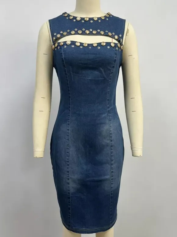 Denim Cutout Bodycon Dress For Women - Blue Studded Sleeveless Slim Fit Pencil Sheath Midi Dress - Summer Party Clubwear 2026