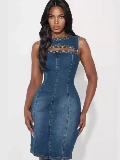 Denim Cutout Bodycon Dress For Women - Blue Studded Sleeveless Slim Fit Pencil Sheath Midi Dress - Summer Party Clubwear 2026