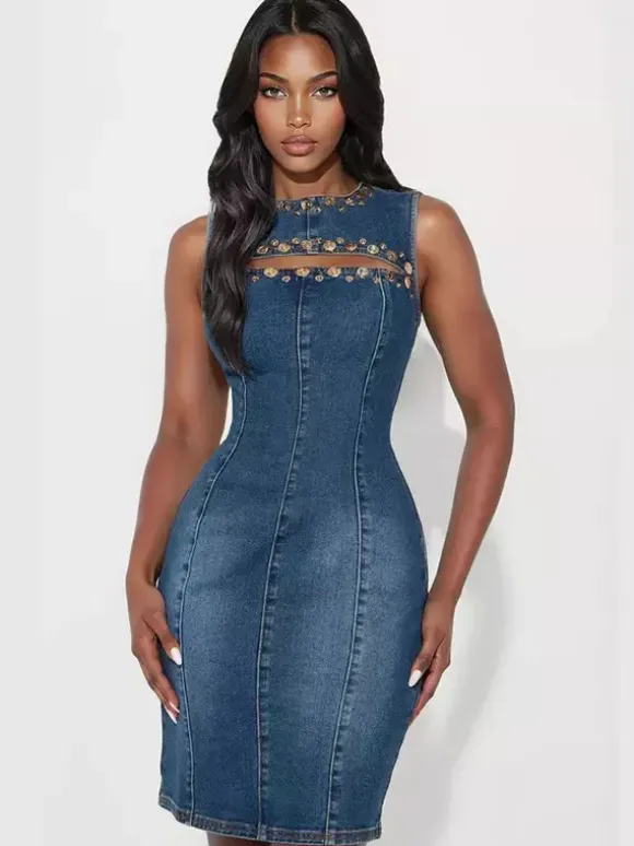 Denim Cutout Bodycon Dress For Women - Blue Studded Sleeveless Slim Fit Pencil Sheath Midi Dress - Summer Party Clubwear 2026