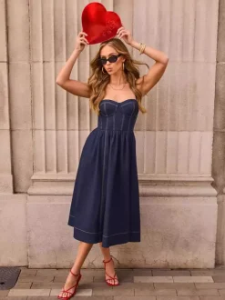 Denim Midi Sun Dress For Women - Dark Blue Sexy Corset Top Pleated A-Line Slip Dress - Summer Casual Picnic 2026
