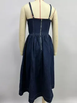 Denim Midi Sun Dress For Women - Dark Blue Sexy Corset Top Pleated A-Line Slip Dress - Summer Casual Picnic 2026