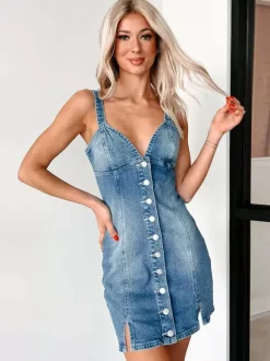 Denim Mini Dress With Deep V-Neck And Front Buttons 2026