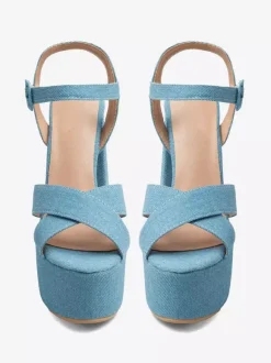 Denim High Heel Sandals Blue Open Toe Chunky Heel Sandal Shoes