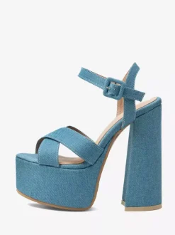 Denim High Heel Sandals Blue Open Toe Chunky Heel Sandal Shoes
