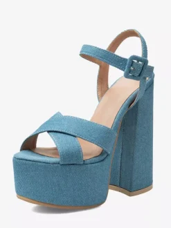 Denim High Heel Sandals Blue Open Toe Chunky Heel Sandal Shoes