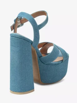 Denim High Heel Sandals Blue Open Toe Chunky Heel Sandal Shoes